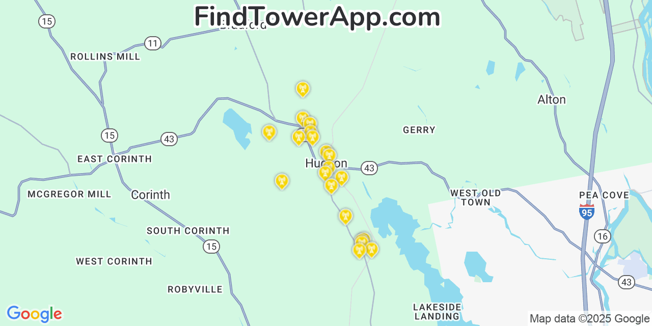Map showing the 20 primary cell tower locations detected in Hudson, Maine from AT&T, Verizon, and T-Mobile networks