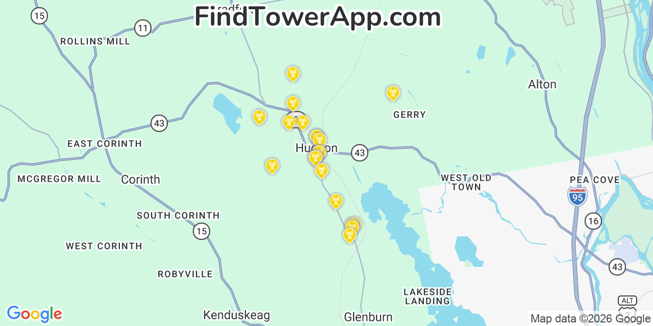 Map showing the 20 primary cell tower locations detected in Hudson, Maine from AT&T, Verizon, and T-Mobile networks