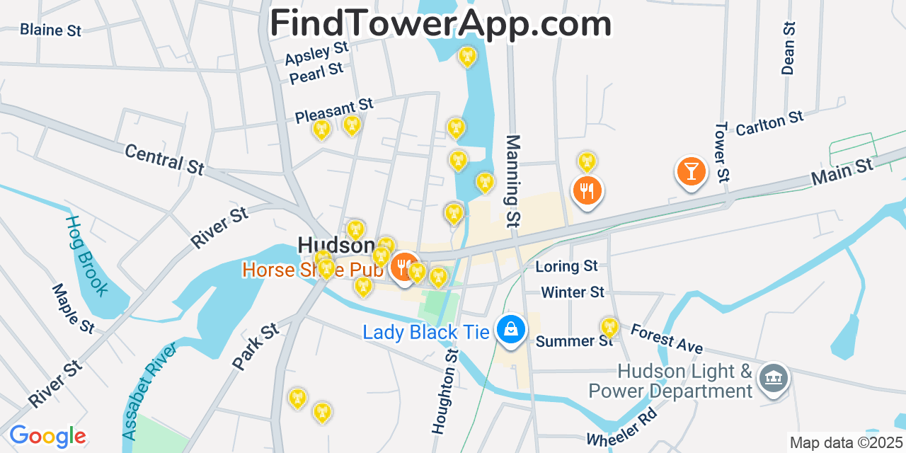 Map showing the 20 primary cell tower locations detected in Hudson, Massachusetts from AT&T, Verizon, and T-Mobile networks