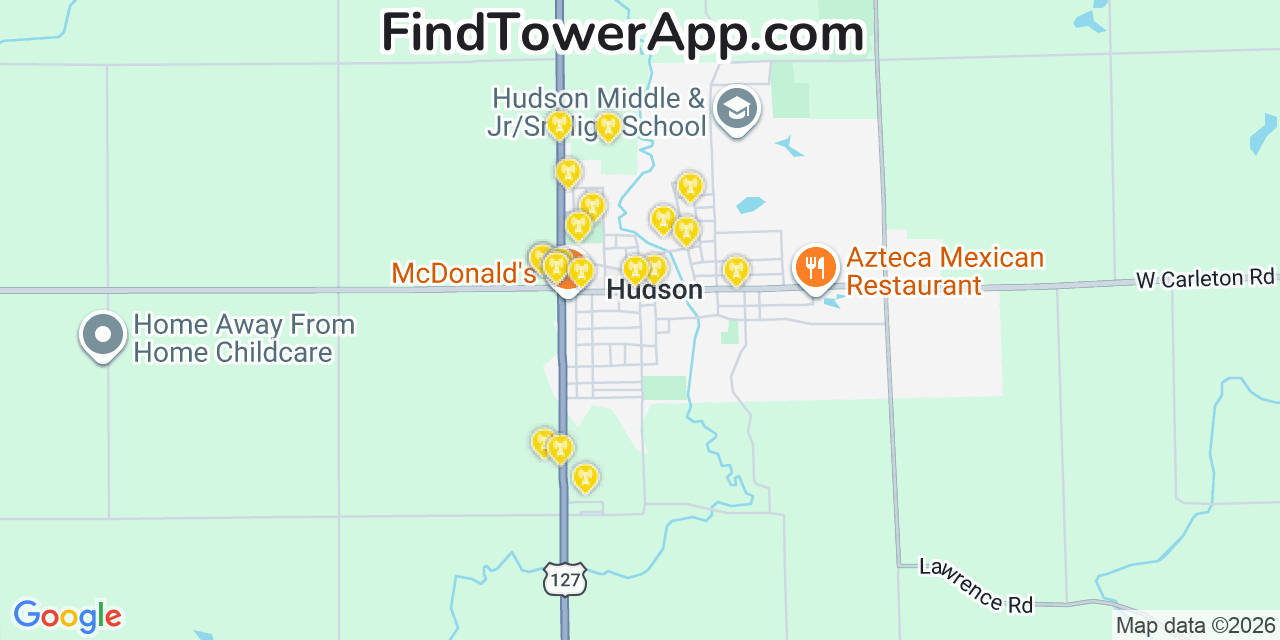 Map showing the 20 primary cell tower locations detected in Hudson, Michigan from AT&T, Verizon, and T-Mobile networks