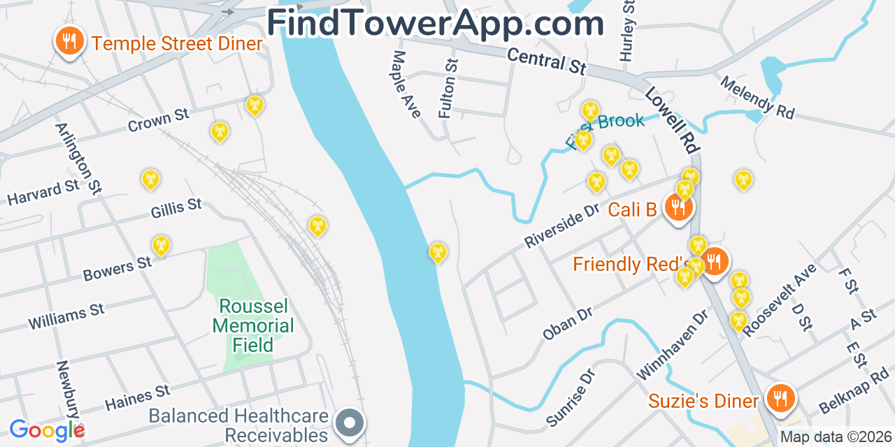 Map showing the 20 primary cell tower locations detected in Hudson, New Hampshire from AT&T, Verizon, and T-Mobile networks