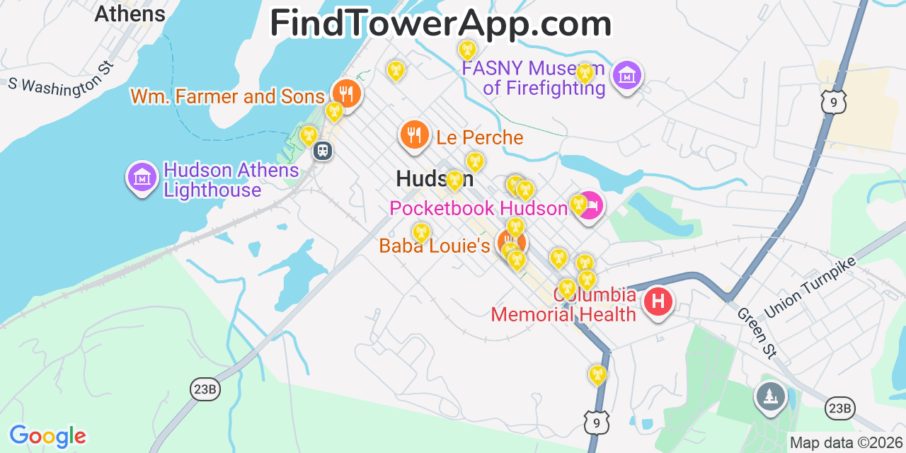 Map showing the 20 primary cell tower locations detected in Hudson, New York from AT&T, Verizon, and T-Mobile networks