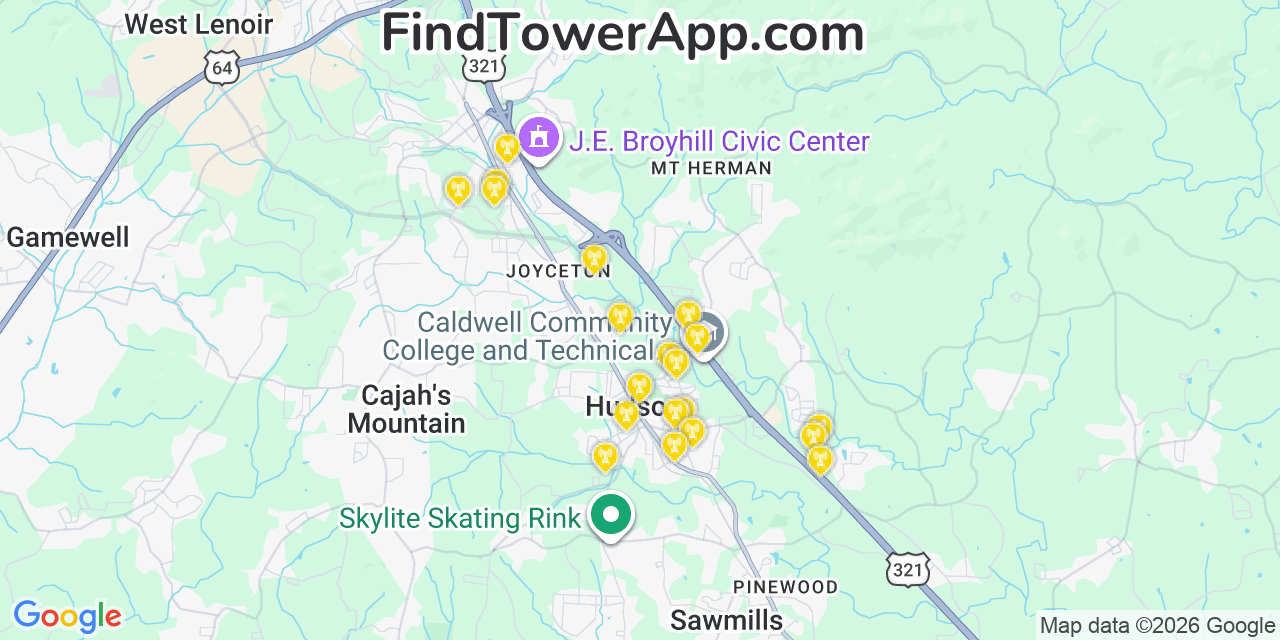 Map showing the 20 primary cell tower locations detected in Hudson, North Carolina from AT&T, Verizon, and T-Mobile networks