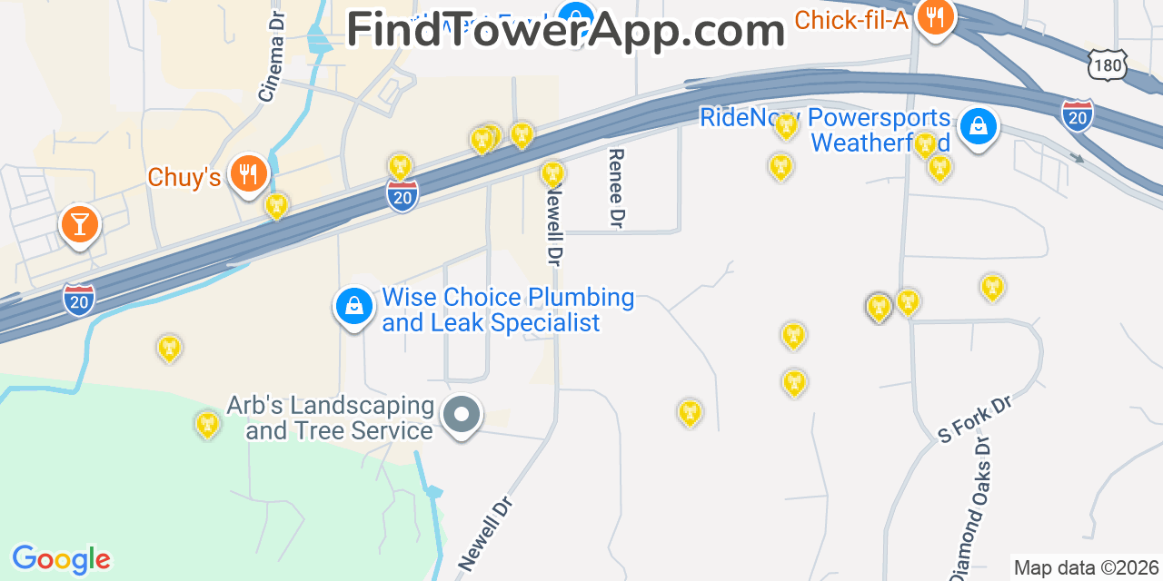 Map showing the 20 primary cell tower locations detected in Hudson Oaks, Texas from AT&T, Verizon, and T-Mobile networks