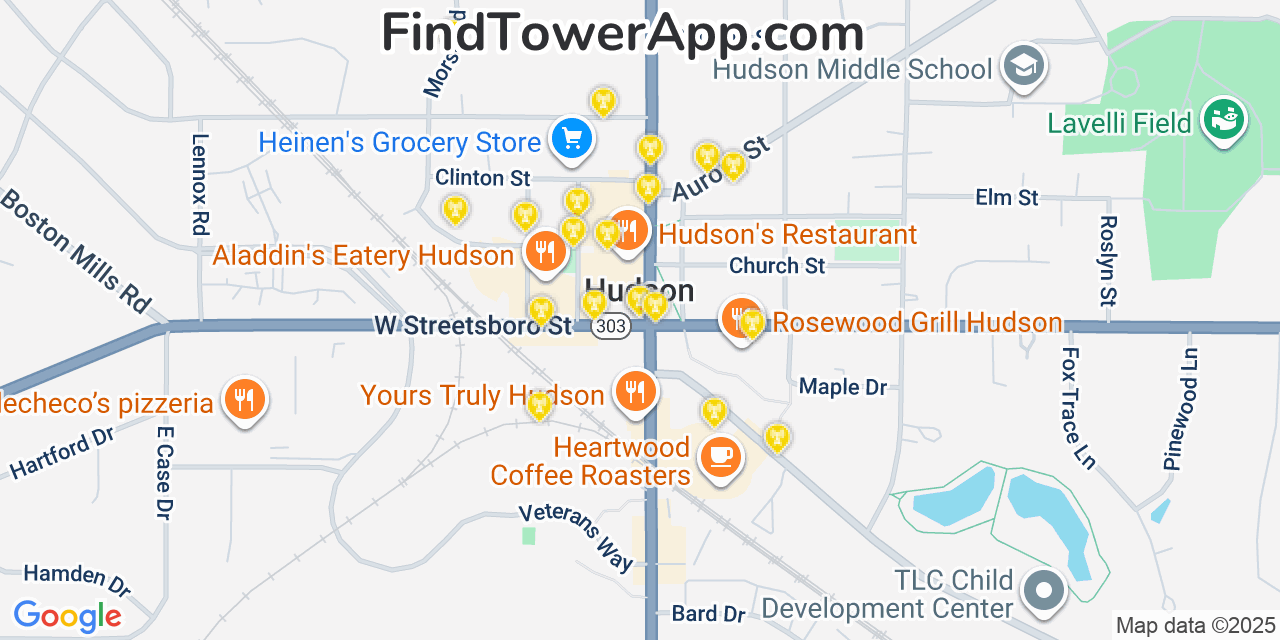 Map showing the 20 primary cell tower locations detected in Hudson, Ohio from AT&T, Verizon, and T-Mobile networks