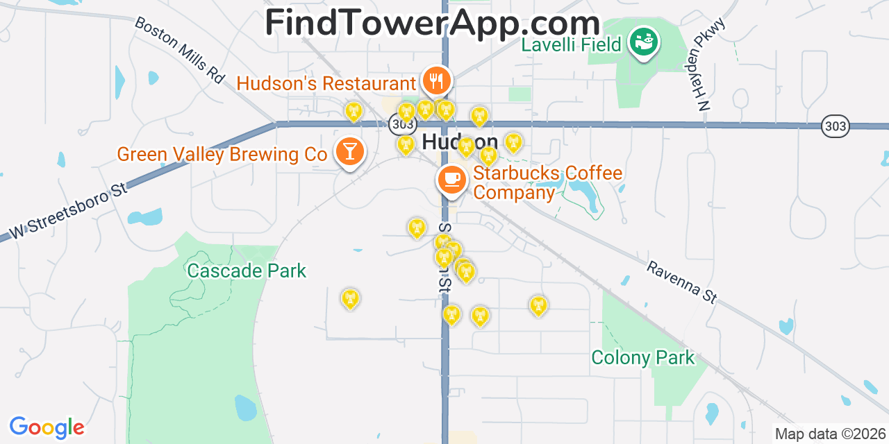 Map showing the 20 primary cell tower locations detected in Hudson, Ohio from AT&T, Verizon, and T-Mobile networks