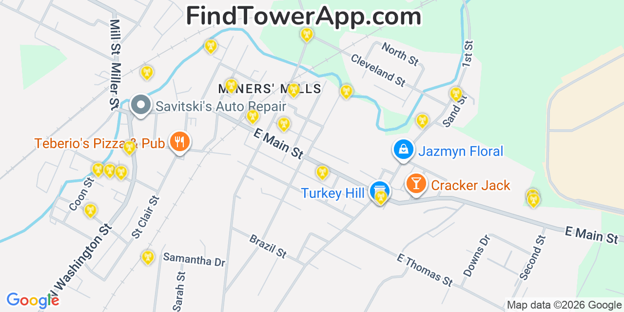 Map showing the 20 primary cell tower locations detected in Hudson, Pennsylvania from AT&T, Verizon, and T-Mobile networks