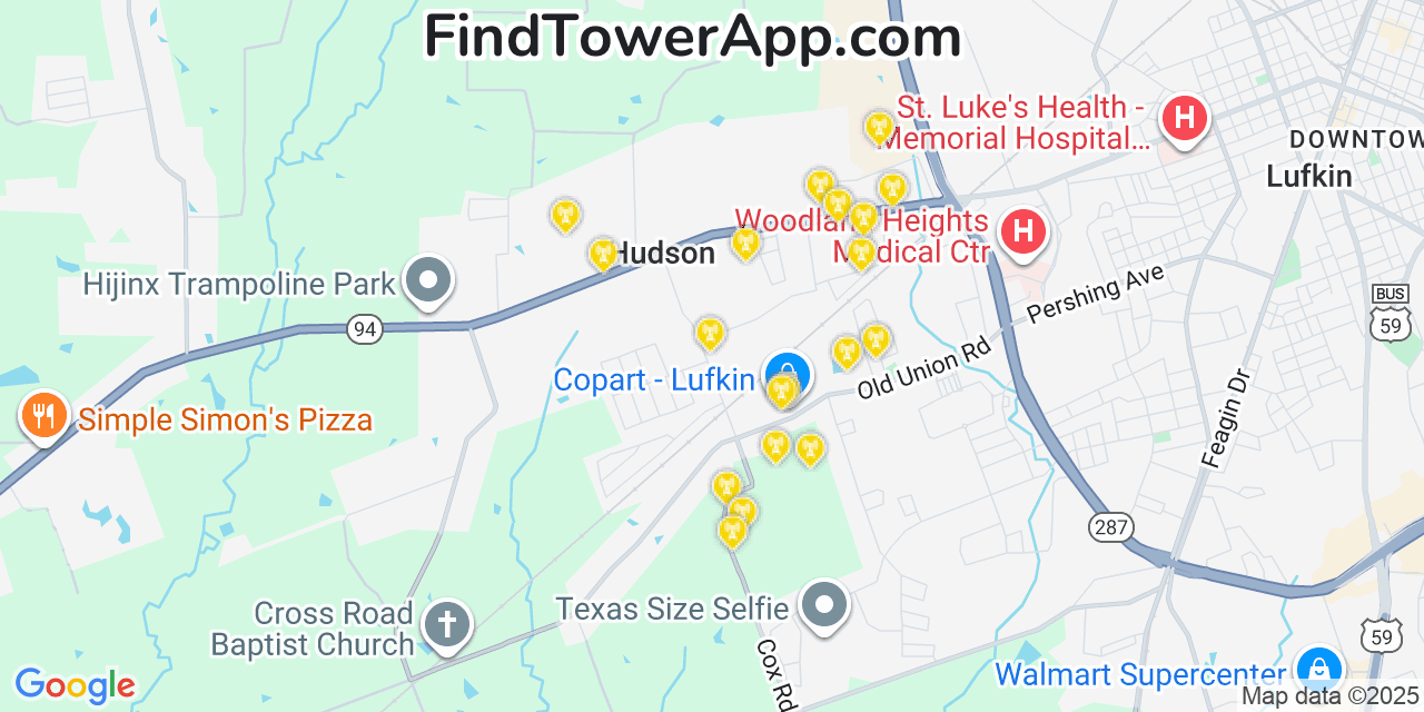 Map showing the 20 primary cell tower locations detected in Hudson, Texas from AT&T, Verizon, and T-Mobile networks