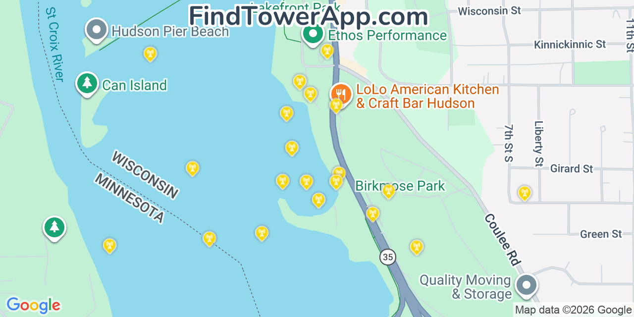 Map showing the 20 primary cell tower locations detected in Hudson, Wisconsin from AT&T, Verizon, and T-Mobile networks