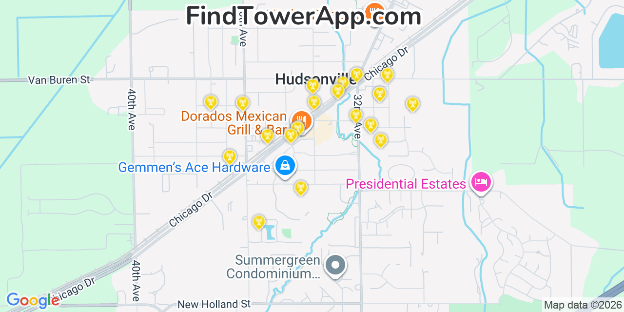 Map showing the 20 primary cell tower locations detected in Hudsonville, Michigan from AT&T, Verizon, and T-Mobile networks
