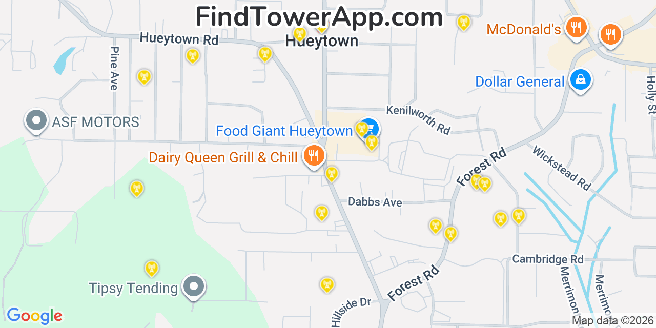 Map showing the 20 primary cell tower locations detected in Hueytown, Alabama from AT&T, Verizon, and T-Mobile networks