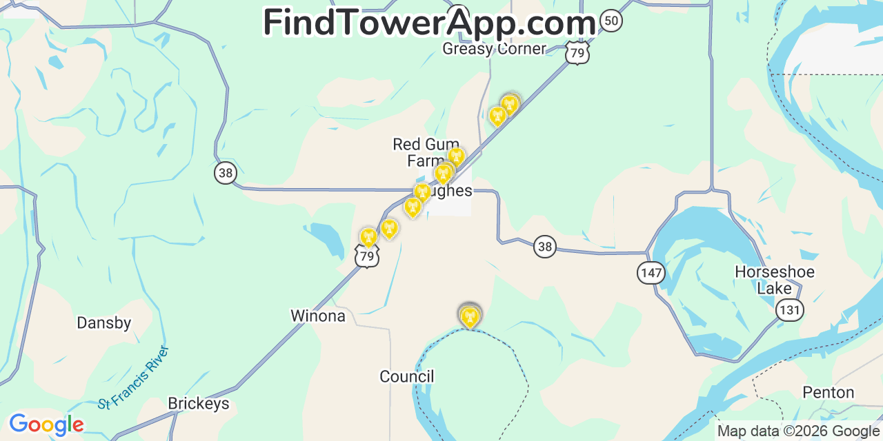 Map showing the 20 primary cell tower locations detected in Hughes, Arkansas from AT&T, Verizon, and T-Mobile networks