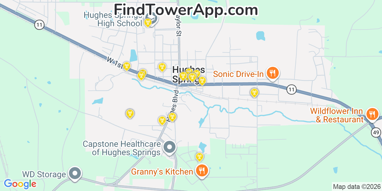 Map showing the 20 primary cell tower locations detected in Hughes Springs, Texas from AT&T, Verizon, and T-Mobile networks