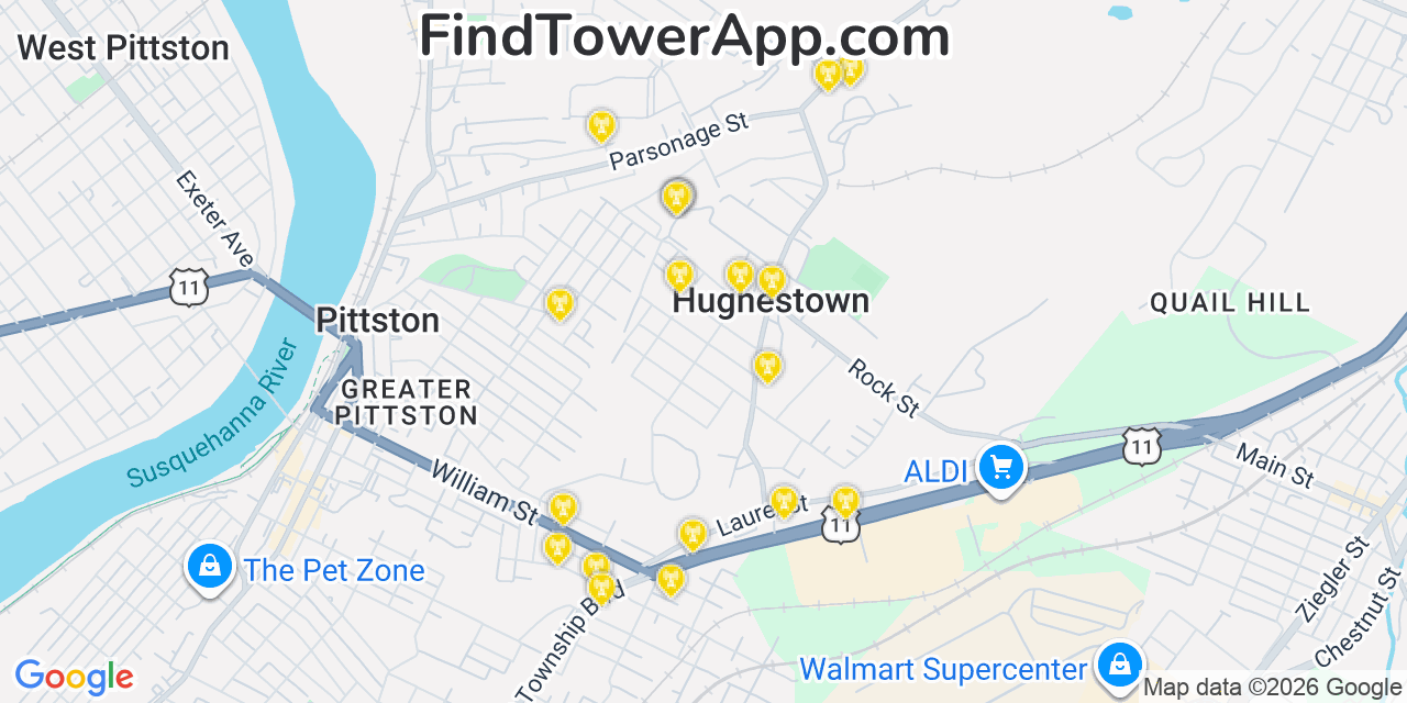 Map showing the 20 primary cell tower locations detected in Hughestown, Pennsylvania from AT&T, Verizon, and T-Mobile networks