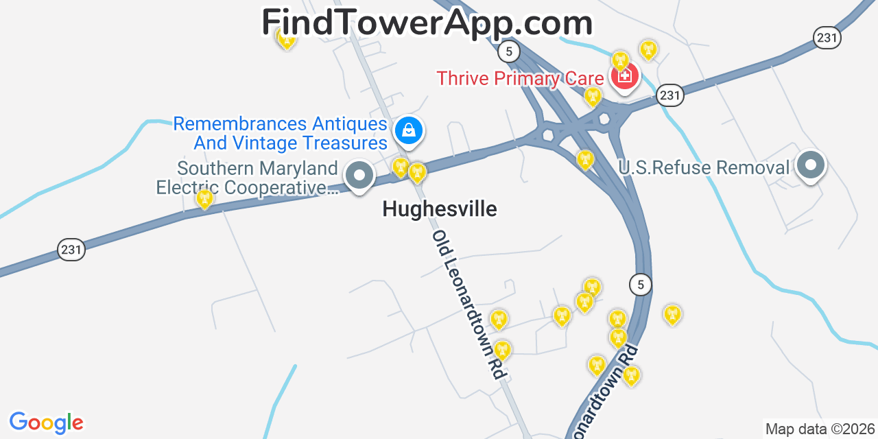 Map showing the 20 primary cell tower locations detected in Hughesville, Maryland from AT&T, Verizon, and T-Mobile networks