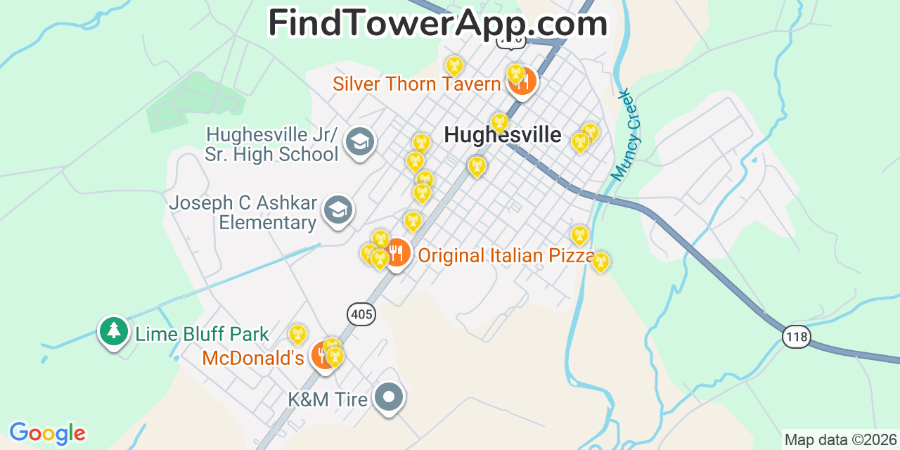 Map showing the 20 primary cell tower locations detected in Hughesville, Pennsylvania from AT&T, Verizon, and T-Mobile networks