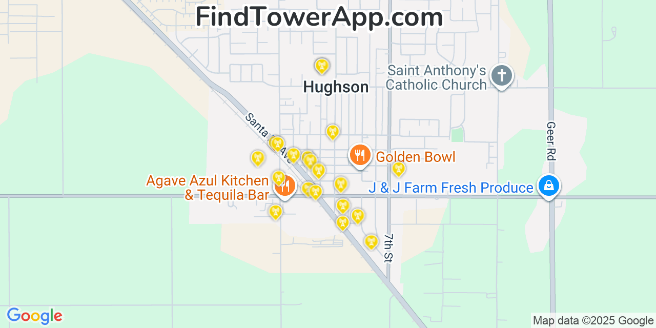 Map showing the 20 primary cell tower locations detected in Hughson, California from AT&T, Verizon, and T-Mobile networks