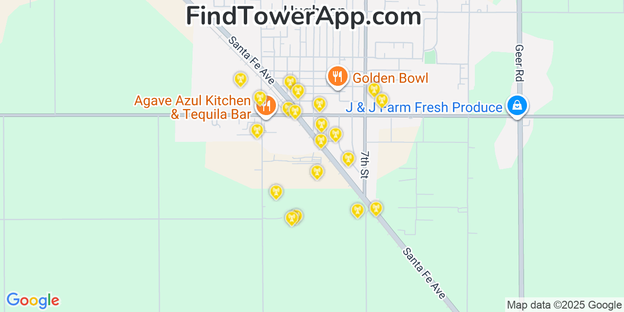 Map showing the 20 primary cell tower locations detected in Hughson, California from AT&T, Verizon, and T-Mobile networks