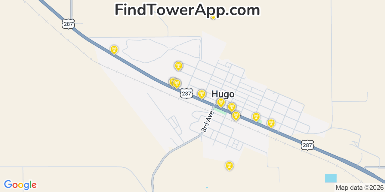 Map showing the 20 primary cell tower locations detected in Hugo, Colorado from AT&T, Verizon, and T-Mobile networks