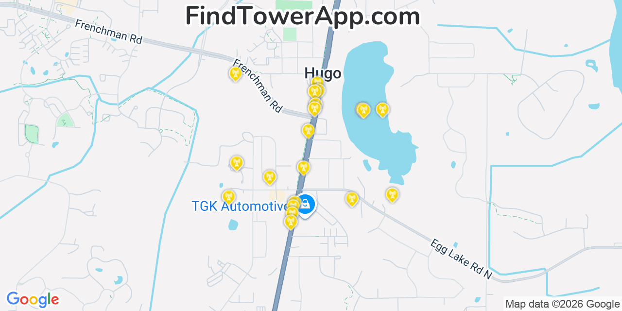 Map showing the 20 primary cell tower locations detected in Hugo, Minnesota from AT&T, Verizon, and T-Mobile networks
