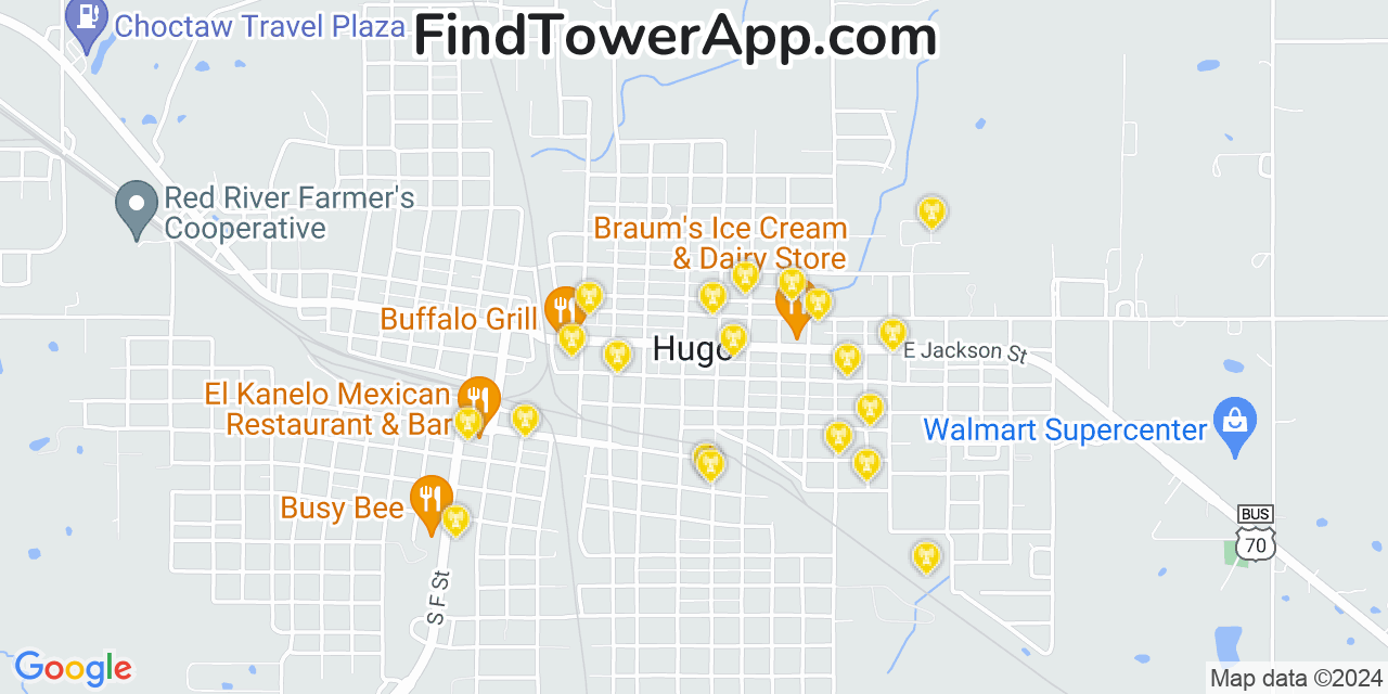 AT&T 4G/5G cell tower coverage map Hugo, Oklahoma