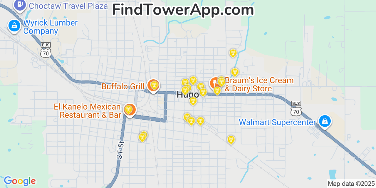 Map showing the 20 primary cell tower locations detected in Hugo, Oklahoma from AT&T, Verizon, and T-Mobile networks