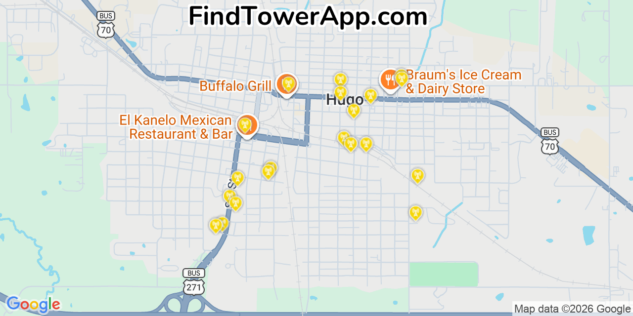 Map showing the 20 primary cell tower locations detected in Hugo, Oklahoma from AT&T, Verizon, and T-Mobile networks