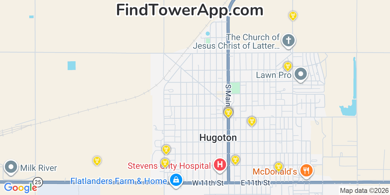 Map showing the 20 primary cell tower locations detected in Hugoton, Kansas from AT&T, Verizon, and T-Mobile networks