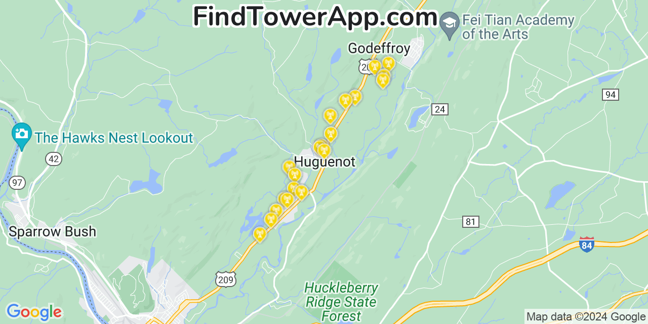 AT&T 4G/5G cell tower coverage map Huguenot, New York