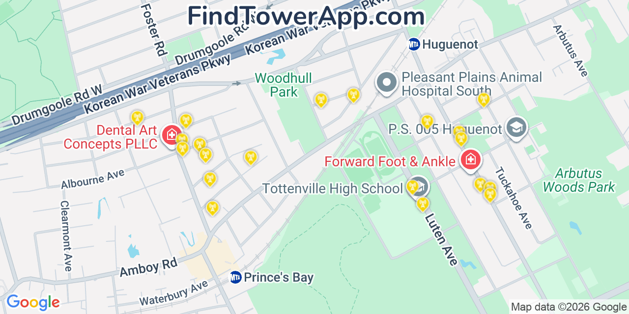 Map showing the 20 primary cell tower locations detected in Huguenot, New York from AT&T, Verizon, and T-Mobile networks