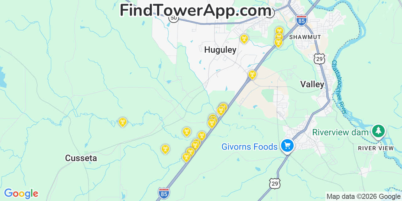 Map showing the 20 primary cell tower locations detected in Huguley, Alabama from AT&T, Verizon, and T-Mobile networks