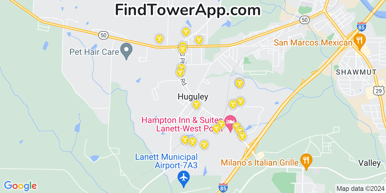 Verizon 4G/5G cell tower coverage map Huguley, Alabama