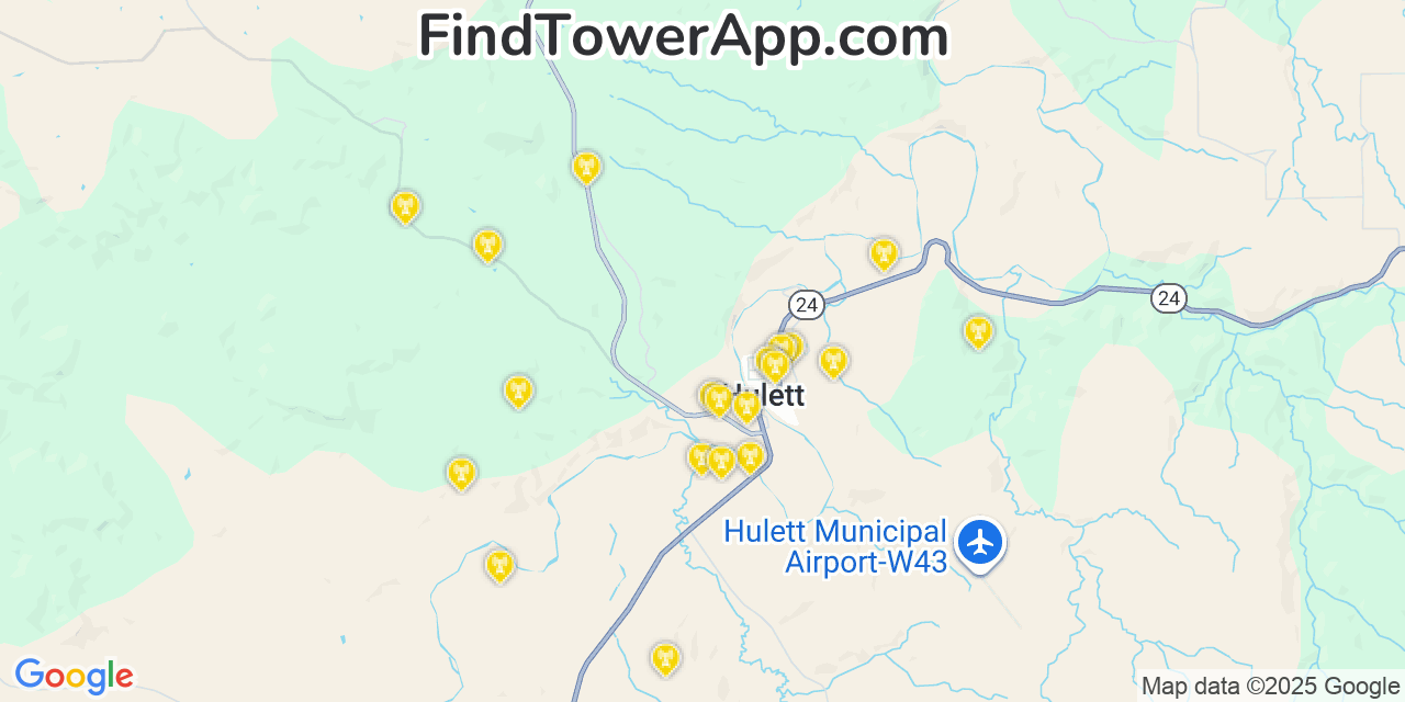 Map showing the 20 primary AT&T cell tower locations detected in Hulett, Wyoming with coverage radius and signal strength indicators