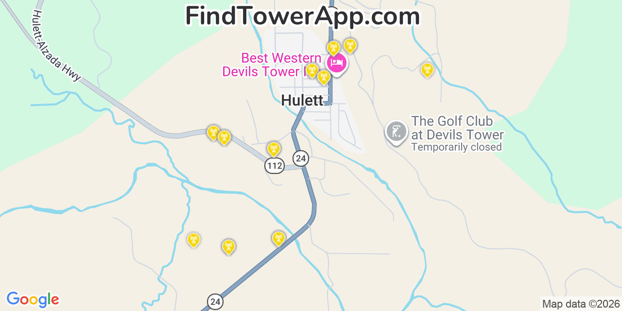 Map showing the 20 primary cell tower locations detected in Hulett, Wyoming from AT&T, Verizon, and T-Mobile networks