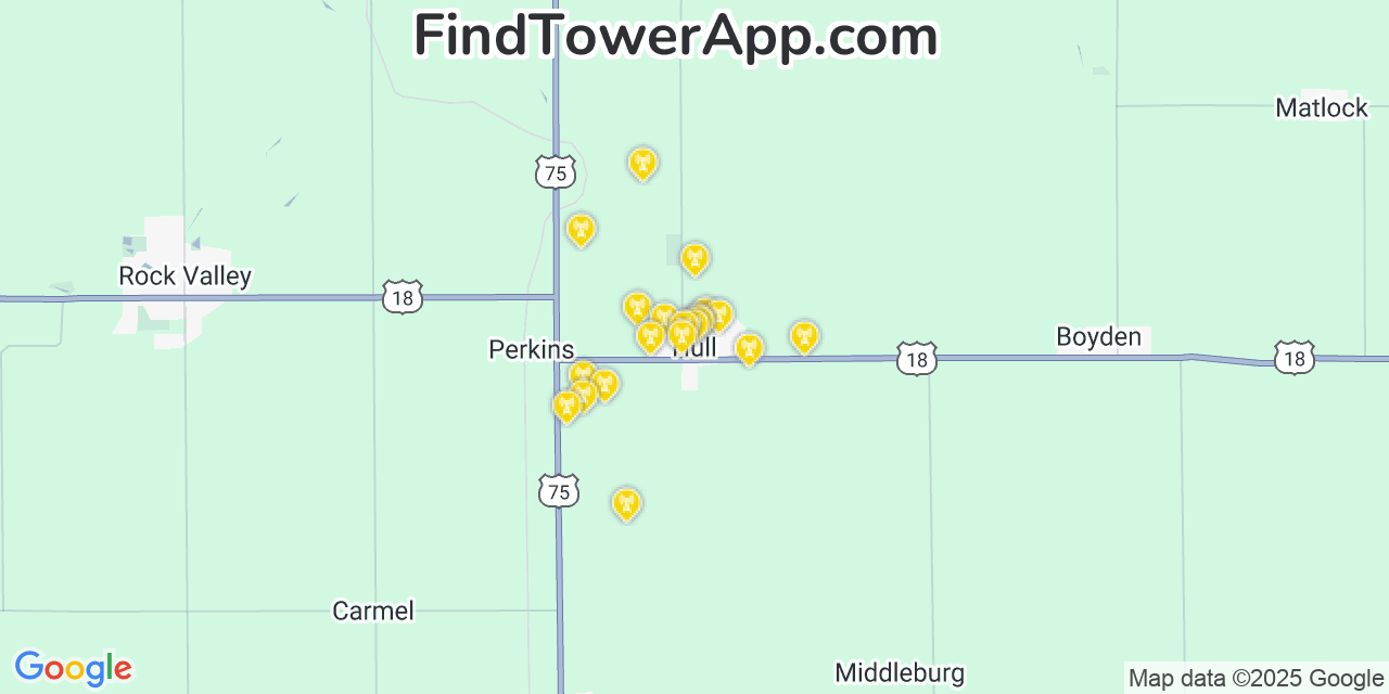 Map showing the 20 primary cell tower locations detected in Hull, Iowa from AT&T, Verizon, and T-Mobile networks