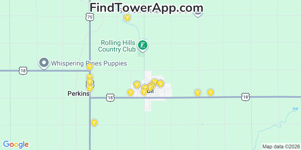 Map showing the 20 primary cell tower locations detected in Hull, Iowa from AT&T, Verizon, and T-Mobile networks