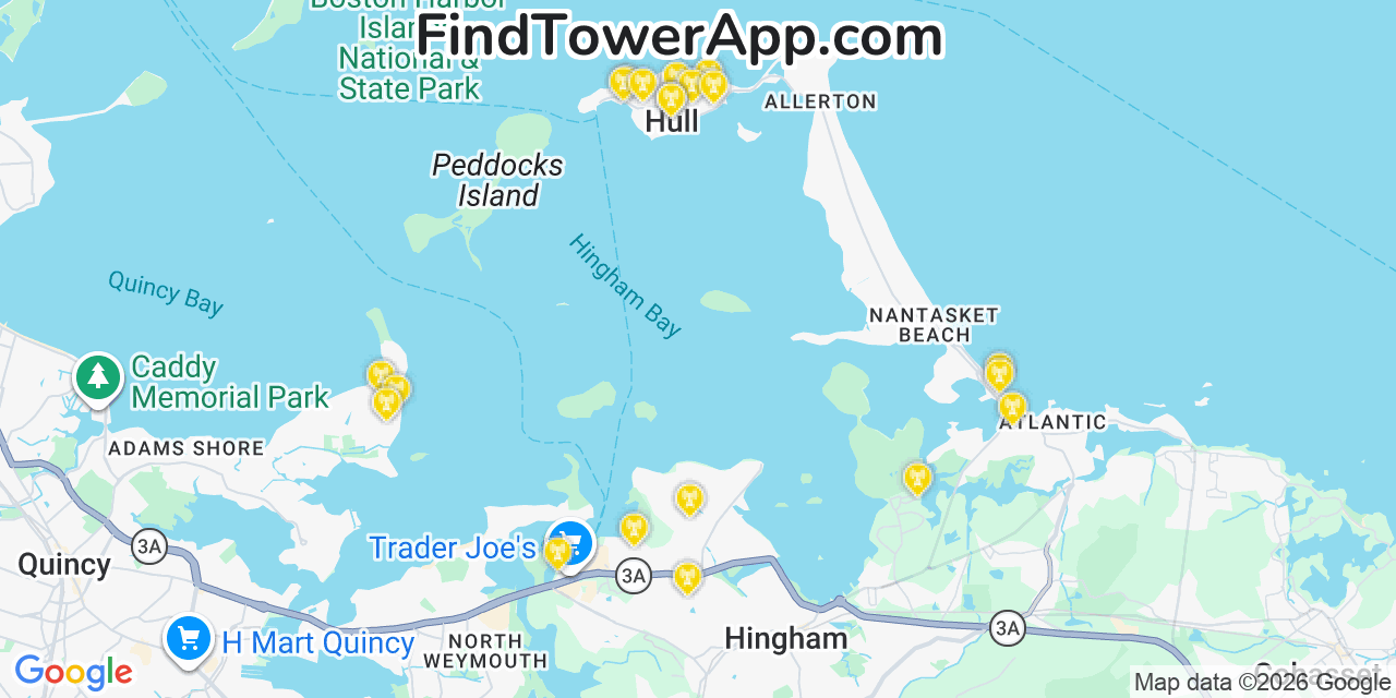 Map showing the 20 primary cell tower locations detected in Hull, Massachusetts from AT&T, Verizon, and T-Mobile networks