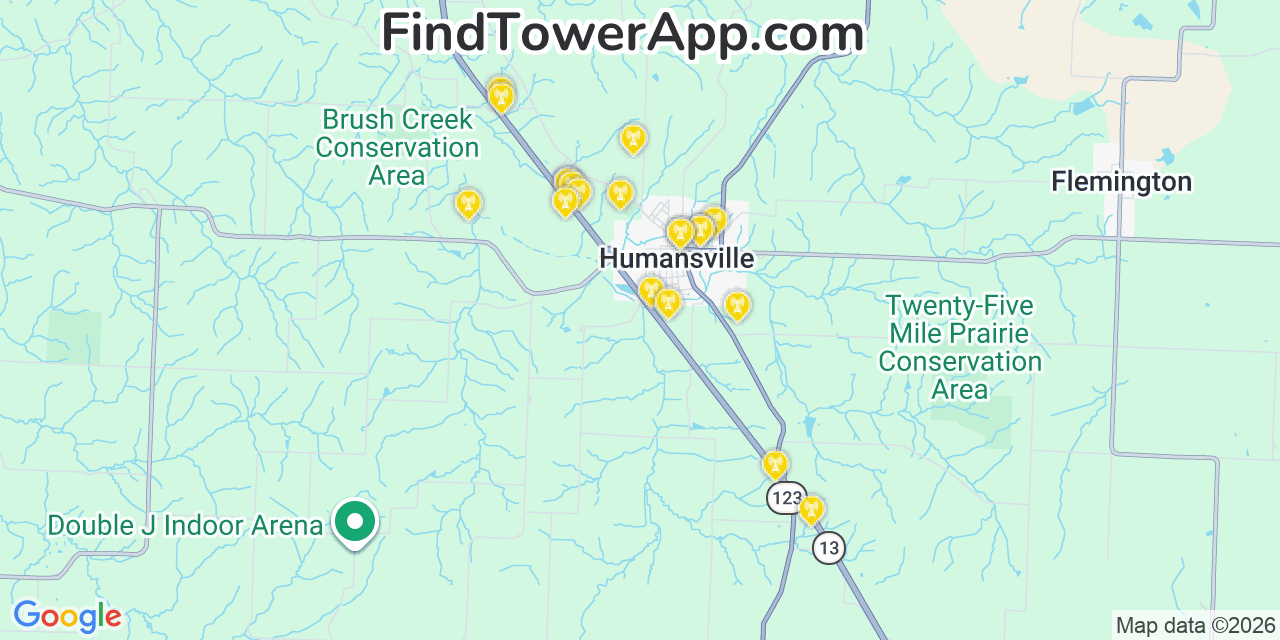 Map showing the 20 primary cell tower locations detected in Humansville, Missouri from AT&T, Verizon, and T-Mobile networks