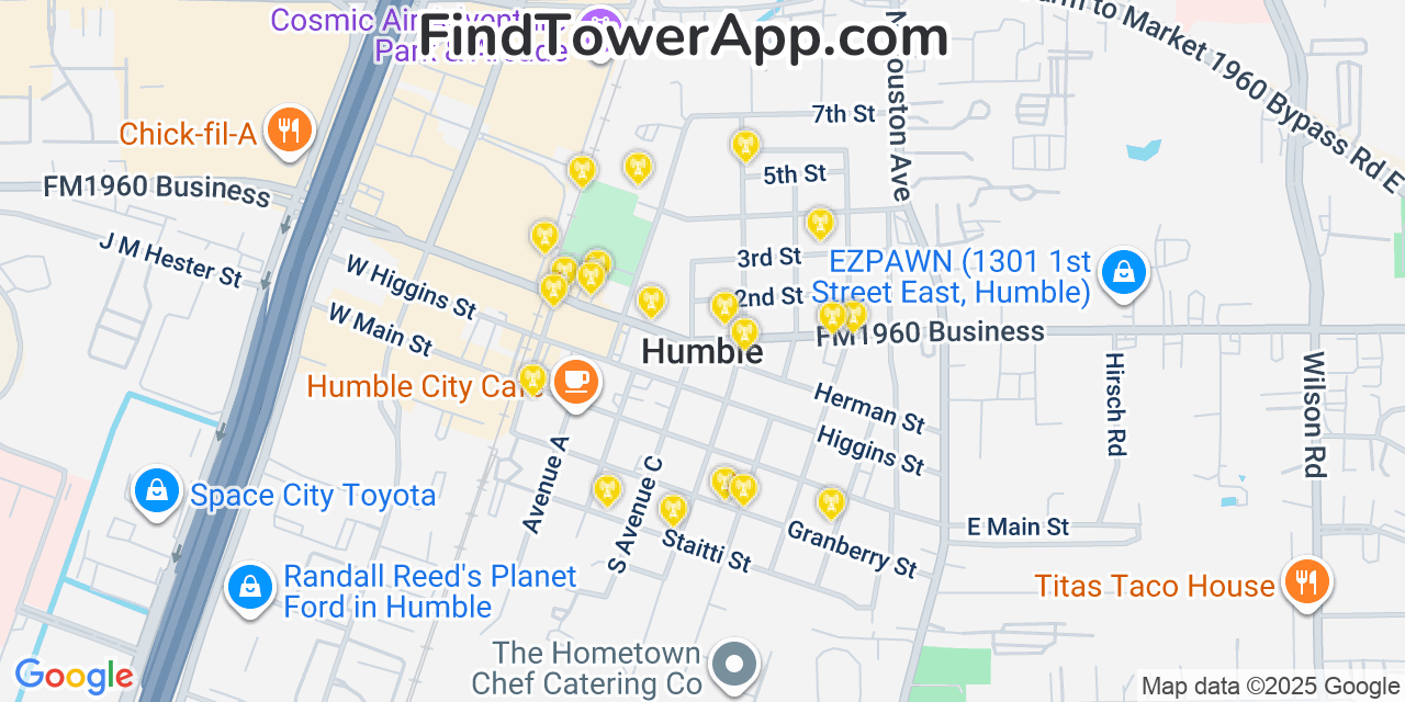 Map showing the 20 primary cell tower locations detected in Humble, Texas from AT&T, Verizon, and T-Mobile networks