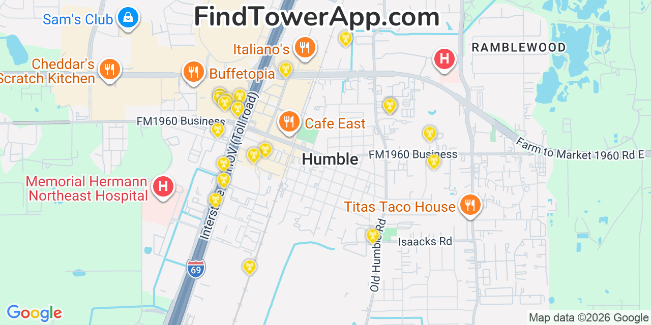 Map showing the 20 primary cell tower locations detected in Humble, Texas from AT&T, Verizon, and T-Mobile networks