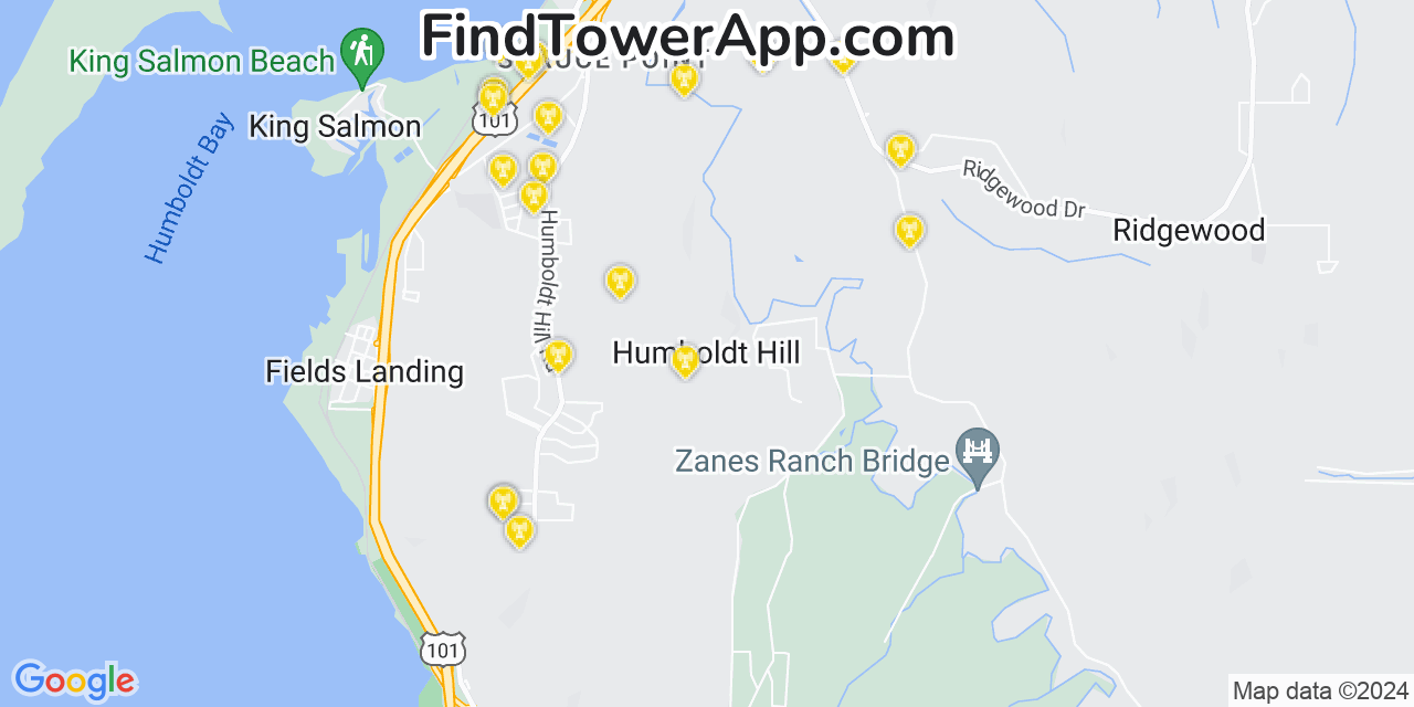 AT&T 4G/5G cell tower coverage map Humboldt Hill, California