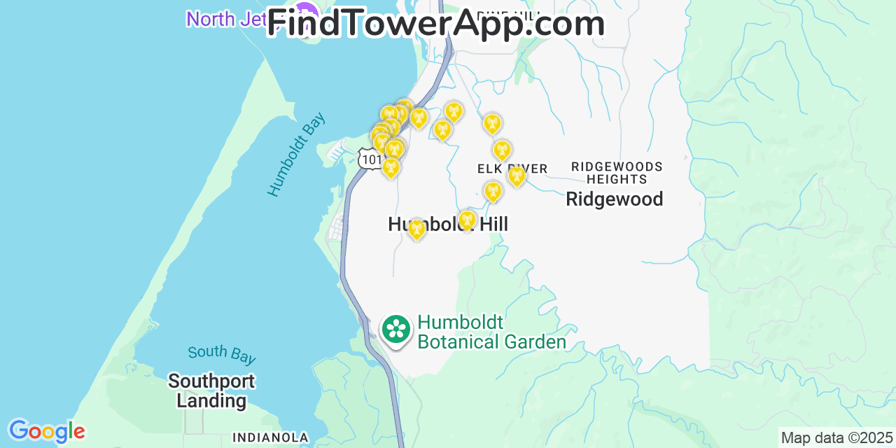 Map showing the 20 primary cell tower locations detected in Humboldt Hill, California from AT&T, Verizon, and T-Mobile networks