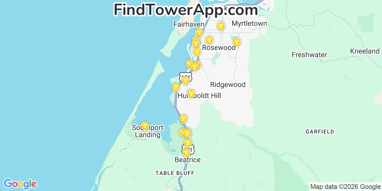 Map showing the 20 primary cell tower locations detected in Humboldt Hill, California from AT&T, Verizon, and T-Mobile networks