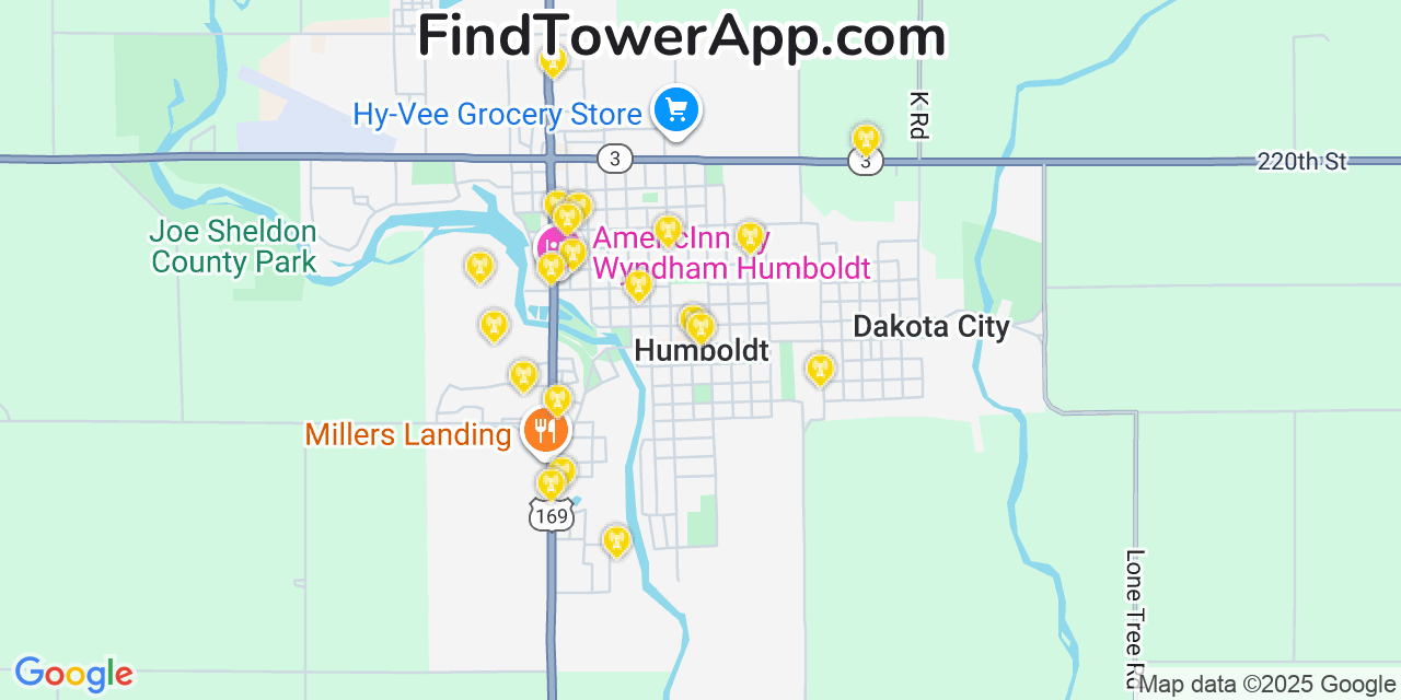 Map showing the 20 primary cell tower locations detected in Humboldt, Iowa from AT&T, Verizon, and T-Mobile networks