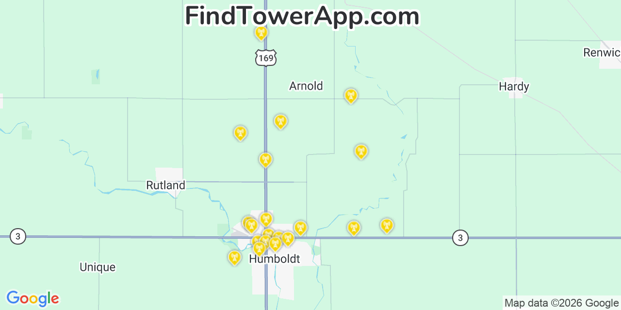 Map showing the 20 primary cell tower locations detected in Humboldt, Iowa from AT&T, Verizon, and T-Mobile networks