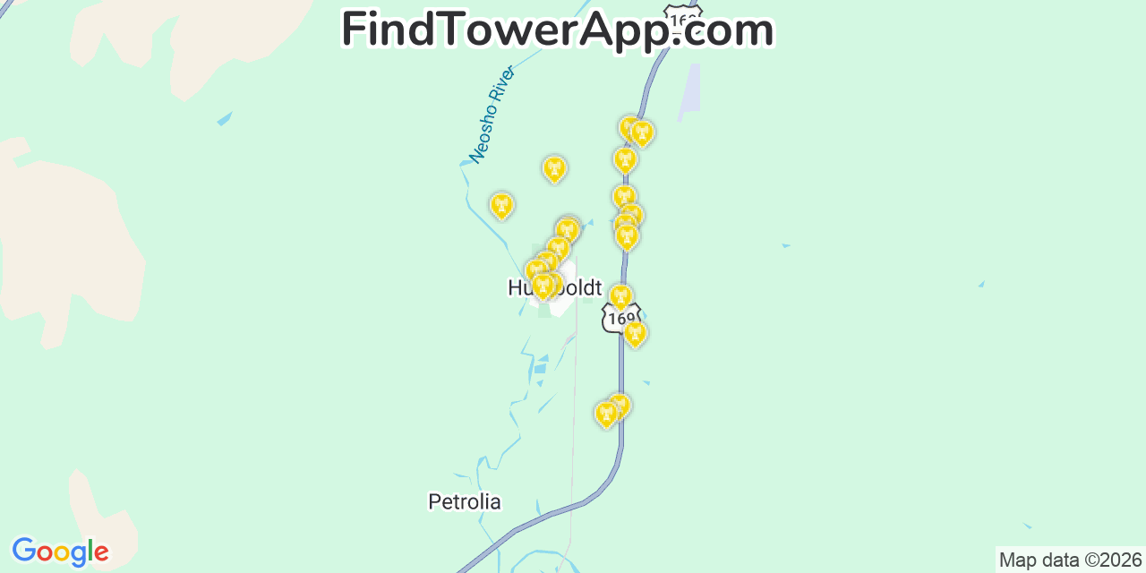 Map showing the 20 primary cell tower locations detected in Humboldt, Kansas from AT&T, Verizon, and T-Mobile networks