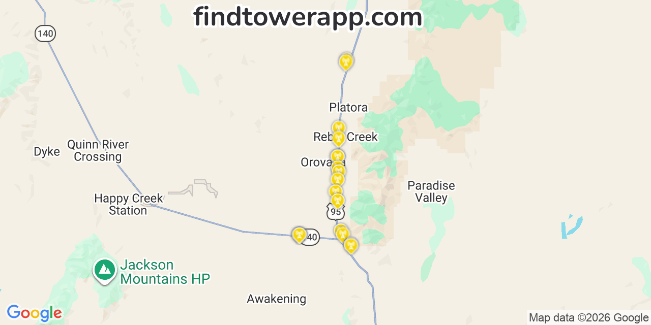 Map showing the 18 primary T-Mobile cell tower locations detected in Humboldt, Nevada with coverage radius and signal strength indicators