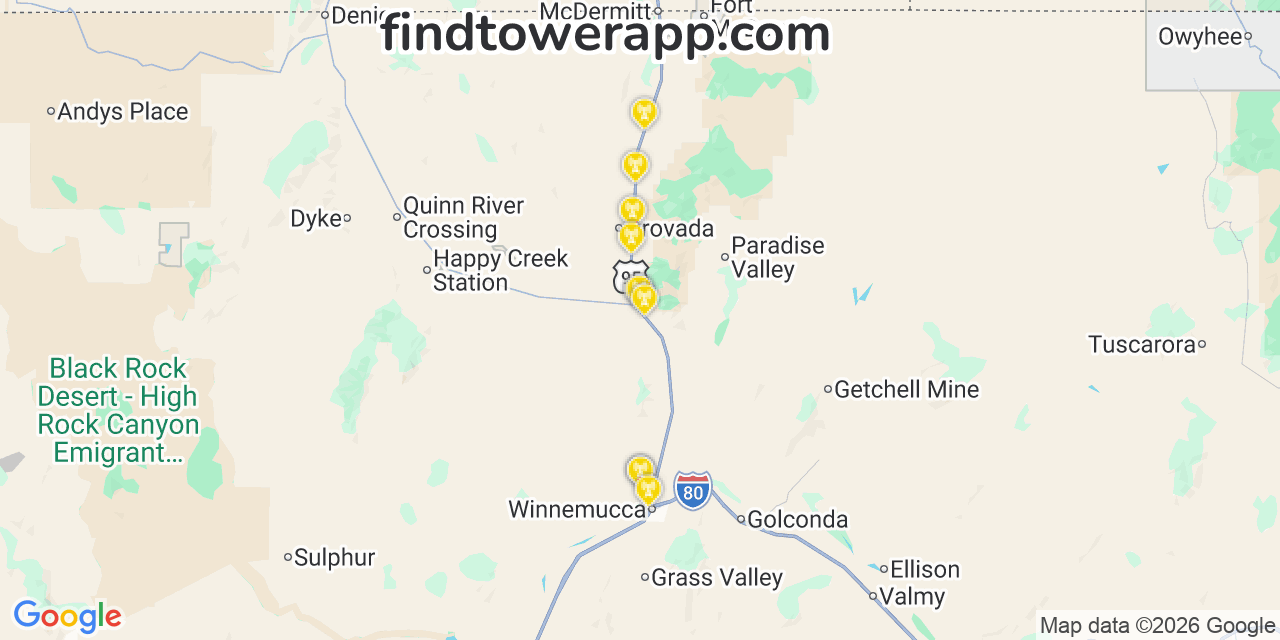 Map showing the 10 primary Verizon cell tower locations detected in Humboldt, Nevada with coverage radius and signal strength indicators