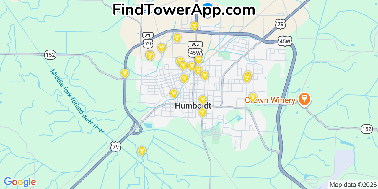 Map showing the 20 primary cell tower locations detected in Humboldt, Tennessee from AT&T, Verizon, and T-Mobile networks