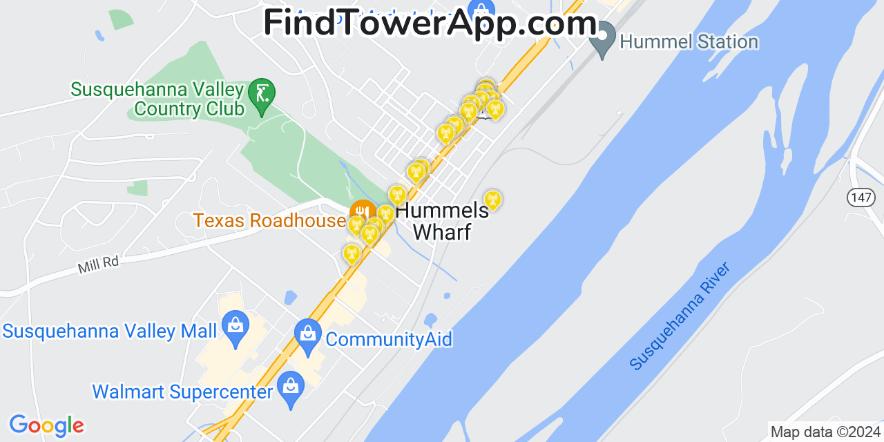 AT&T 4G/5G cell tower coverage map Hummels Wharf, Pennsylvania